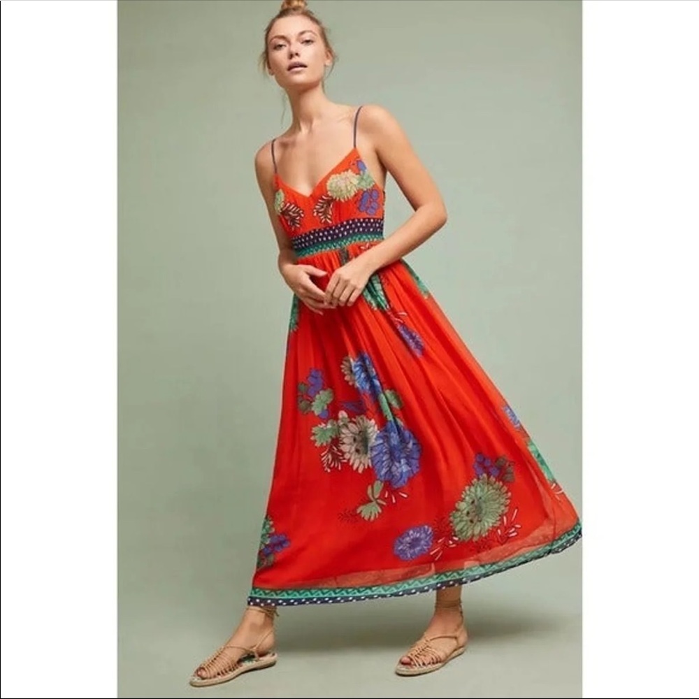 Anthropologie Red Floral Maxi Dress